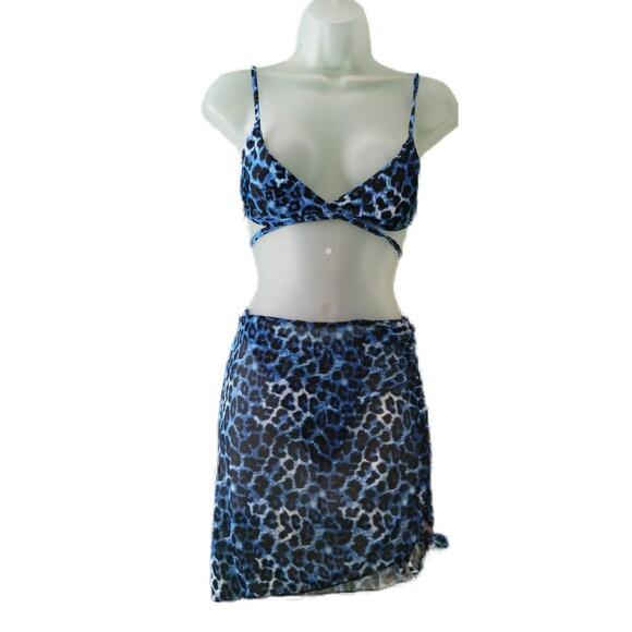 Brazilian Cut Blue Leopard Triangle Bikini With Mesh Skirt Sz M - Picture 3 of 6